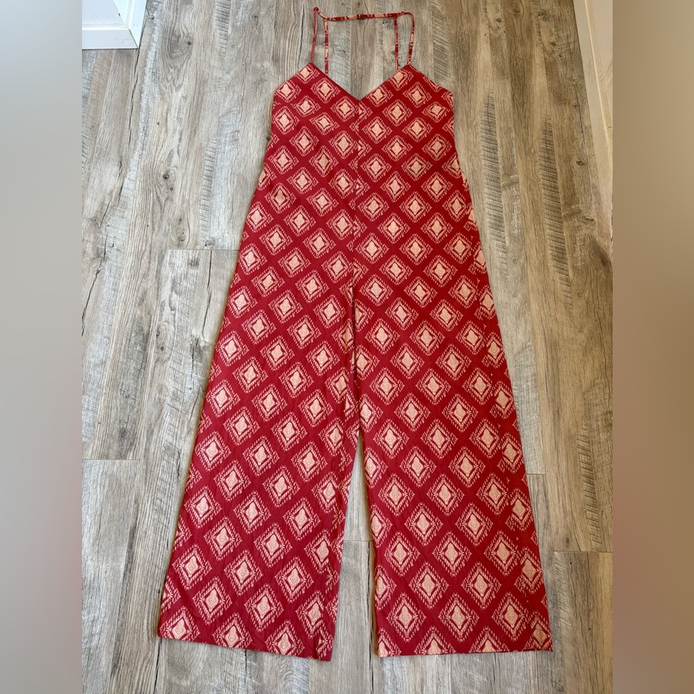 Zara Jami Jumpsuit 100% Cotton Terracotta and Cream Open Back Wide Leg